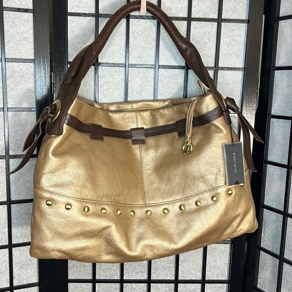Large Vintage Soprano Leather Bag NWT, Gold & Brown With Orig Dust Bag